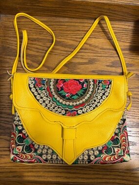 Yellow Embroidered Crossbody Bag - Vibrant Floral Detail